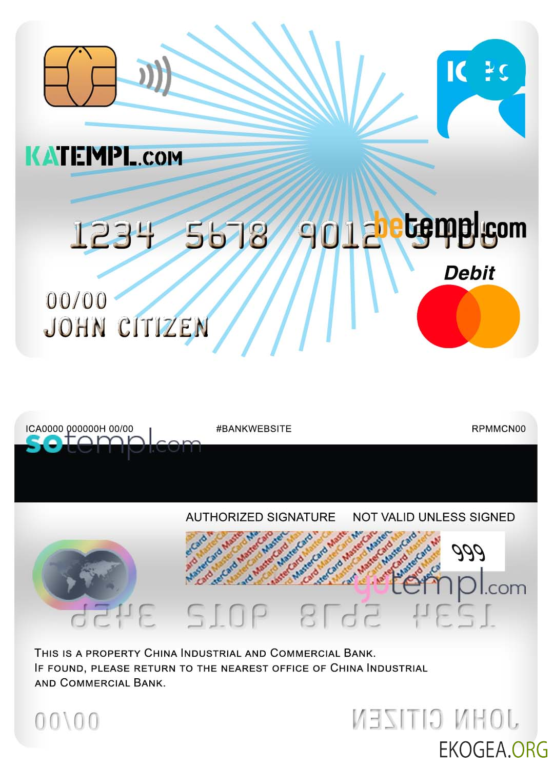 Modèle de carte de débit mastercard de la Banque industrielle et commerciale de Chine de Chine au format PSD, entièrement modifiable